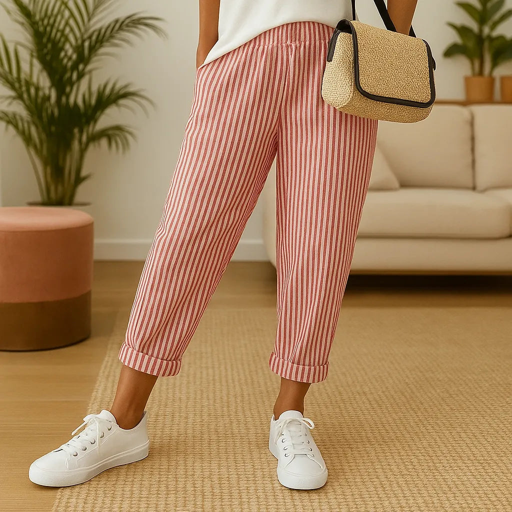 Pantalon Léger Rayé à Taille Élastique