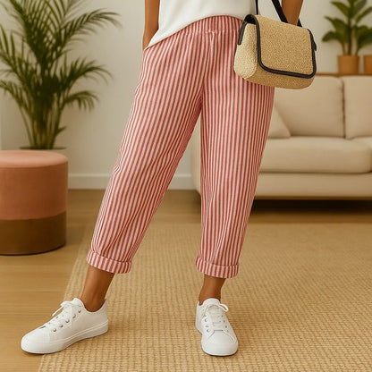 Pantalon Léger Rayé à Taille Élastique