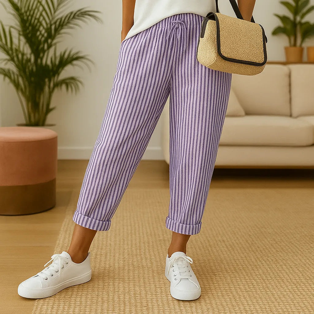 Pantalon Léger Rayé à Taille Élastique