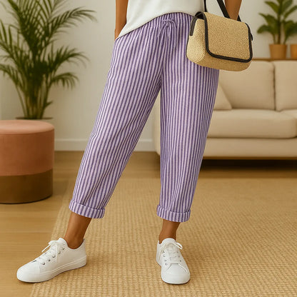 Pantalon Léger Rayé à Taille Élastique