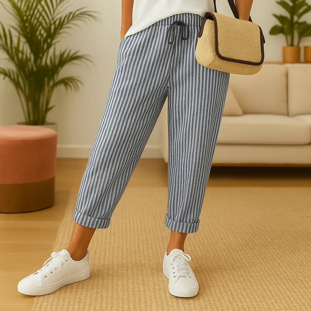 Pantalon Léger Rayé à Taille Élastique