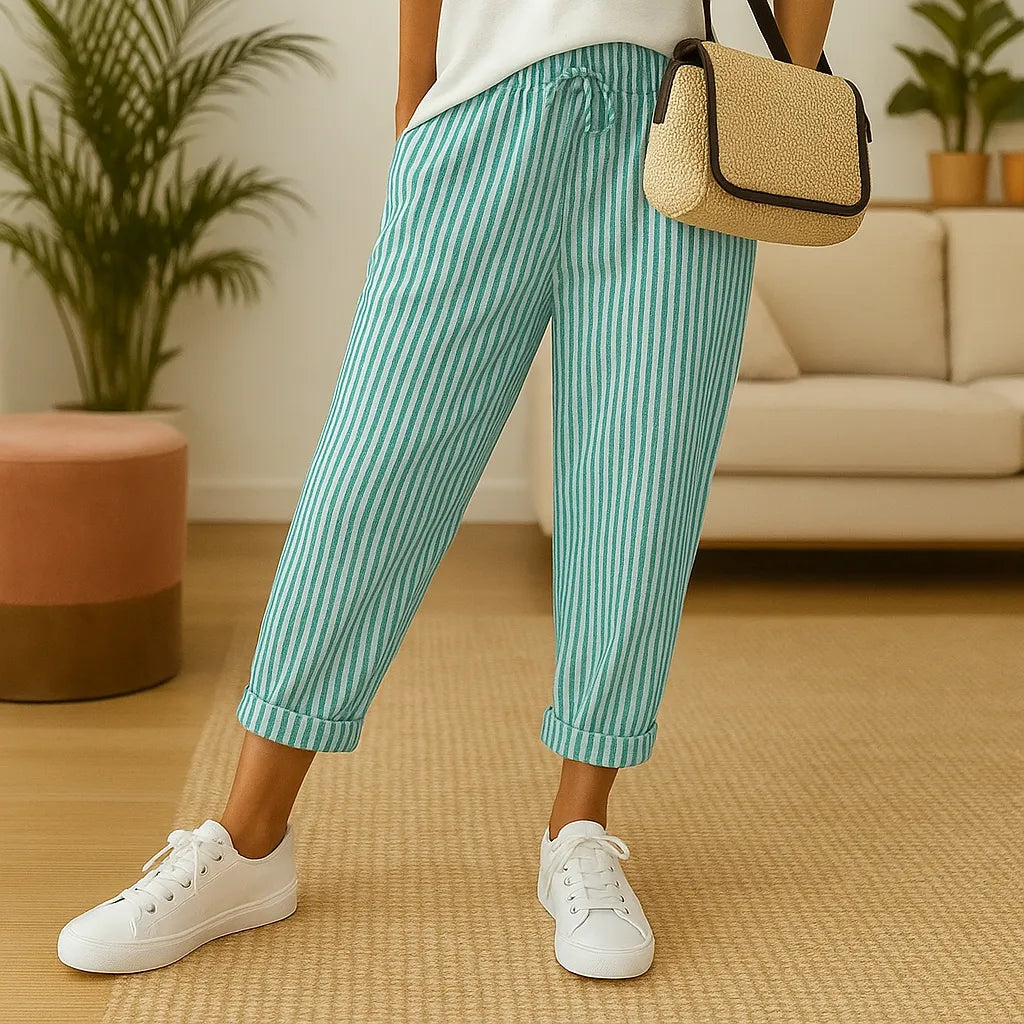 Pantalon Léger Rayé à Taille Élastique