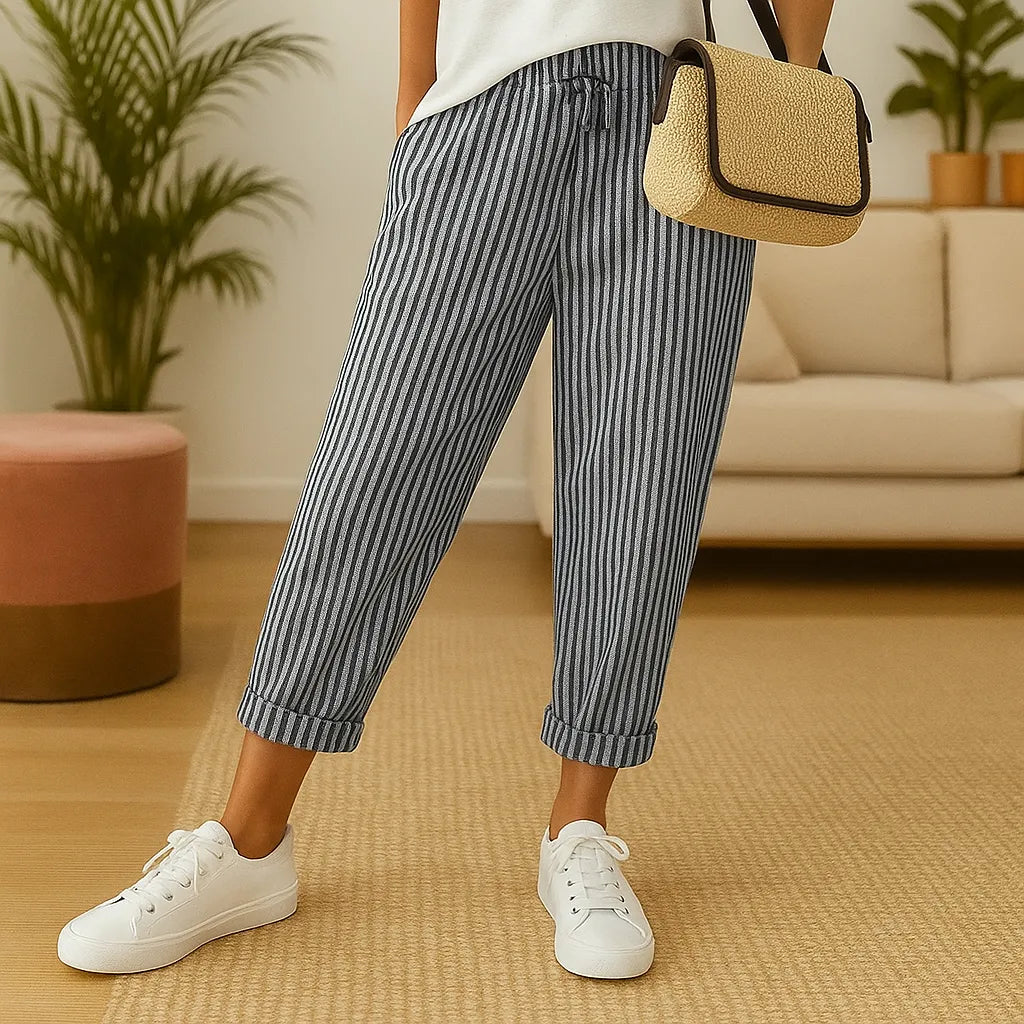 Pantalon Léger Rayé à Taille Élastique